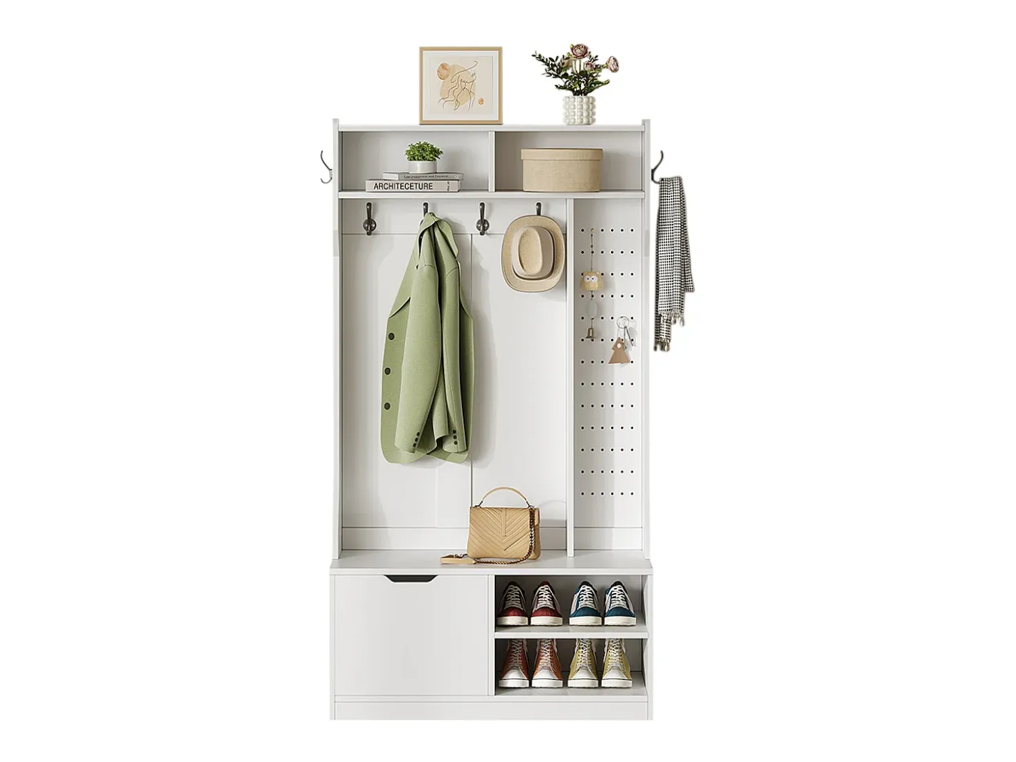 Cabideiro de entrada moderno 100x40x185.4cm - com 6 ganchos e 1 porta - com 4 prateleiras abertas - Branco