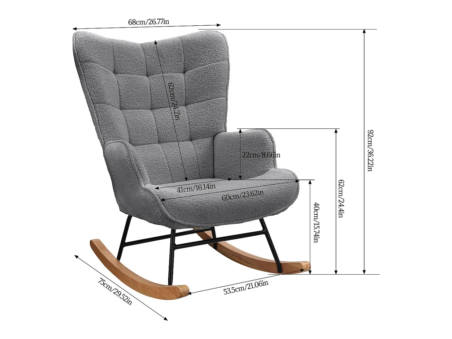 Cadeira de balanço - Cadeira de sala para quarto - Capacidade de carga até 120 kg - Poliéster - Cinza - 68 x 75 x 92 cm