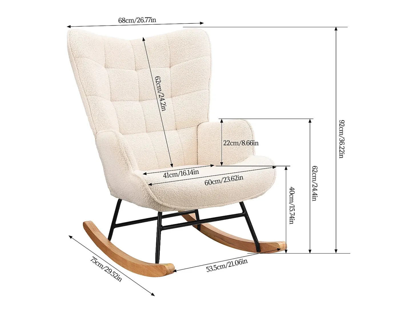 Cadeira de balanço - Cadeira de sala para quarto - Capacidade de carga até 120 kg - Poliéster - Bege - 68 x 75 x 92 cm
