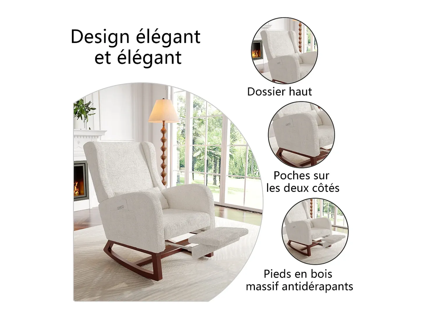 Cadeira de balanço com almofada lombar, bolso lateral e apoio para os pés, pés de madeira maciça, bege.