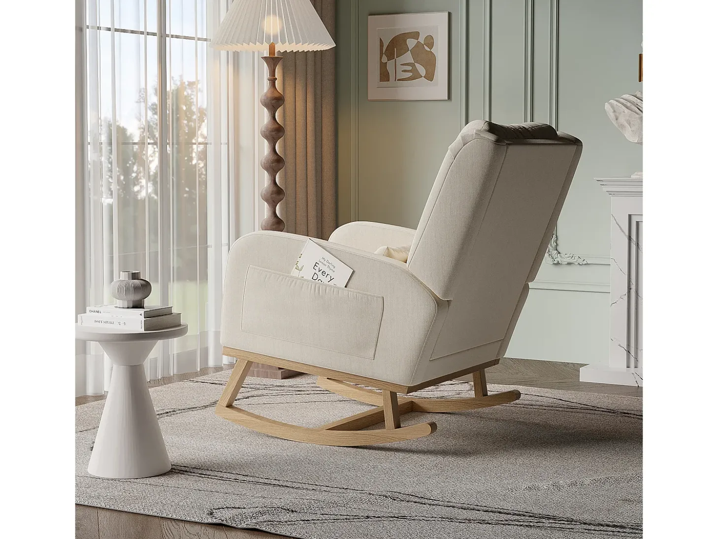 Cadeira de balanço com base e encosto de madeira, Poltrona relaxante para sala de estar, Linho, Bege
