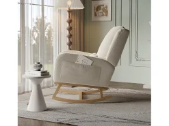Cadeira de balanço com base e encosto de madeira, Poltrona relaxante para sala de estar, Linho, Bege