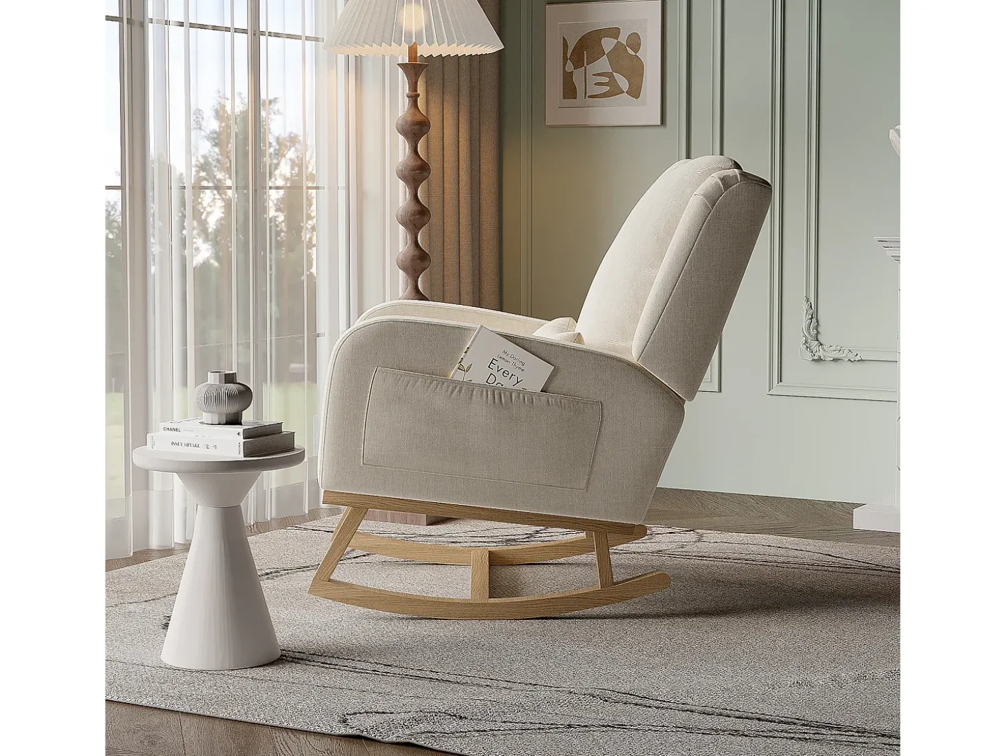 Cadeira de balanço com base e encosto de madeira, Poltrona relaxante para sala de estar, Linho, Bege