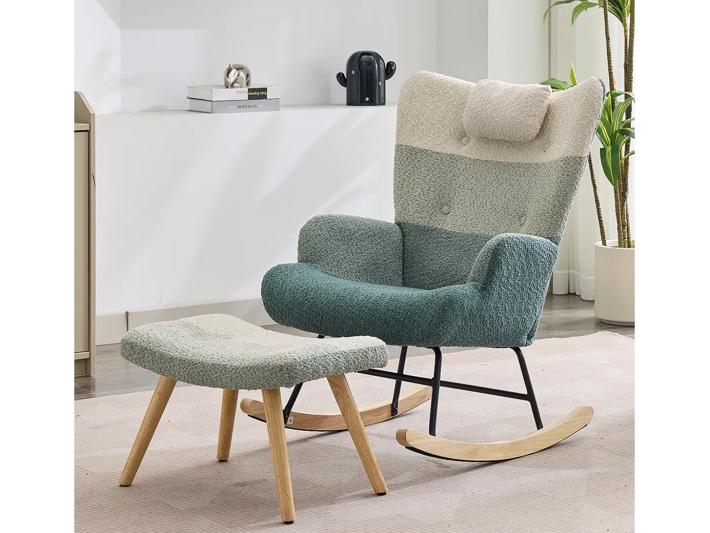 Cadeira de balanço de tecido bouclé com apoio para os pés e para a cabeça - 65,5 x 83 x 95 cm - Multicolorido