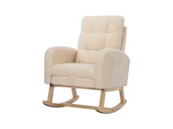 Cadeira de balanço Teddy Velvet com apoio para os pés e braços - 132 x 50 x 99 cm - Estrutura de madeira maciça - Bege
