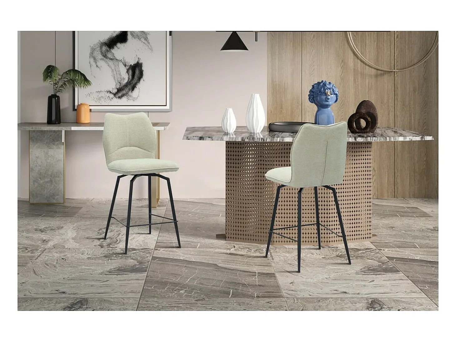 Cadeira de balcão giratória CROFT – Tecido cru – Pés de metal preto – Altura 103 cm – Estilo design/industrial
