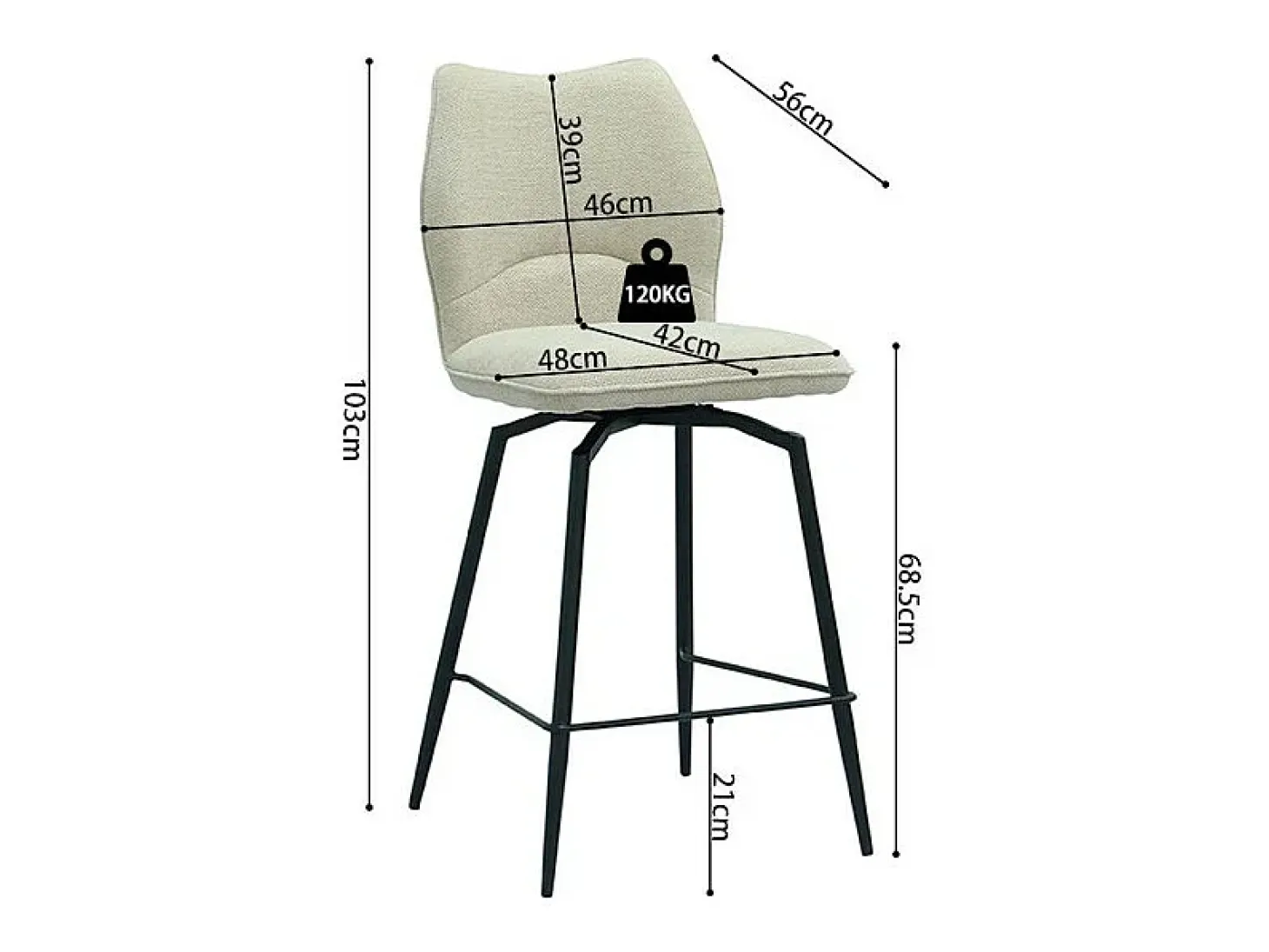 Cadeira de balcão giratória CROFT – Tecido cru – Pés de metal preto – Altura 103 cm – Estilo design/industrial