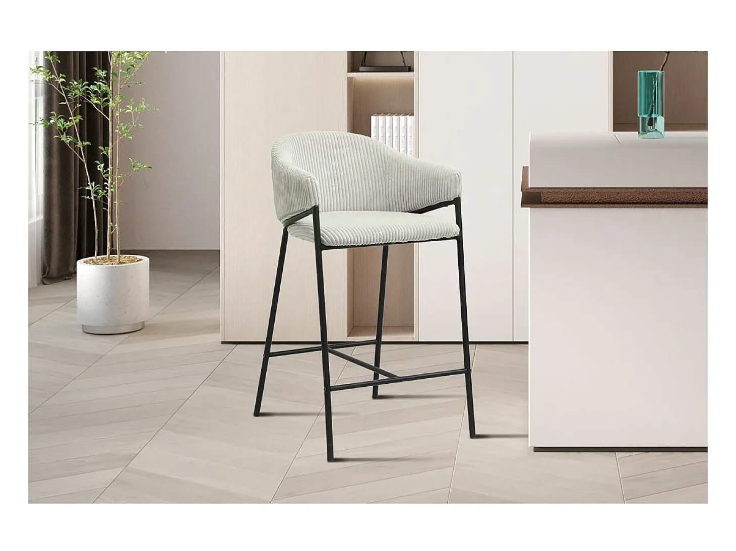 Cadeira de balcão IMANY – Veludo cotelê cinza claro – Com braços – Pés de metal preto – Estilo design/industrial