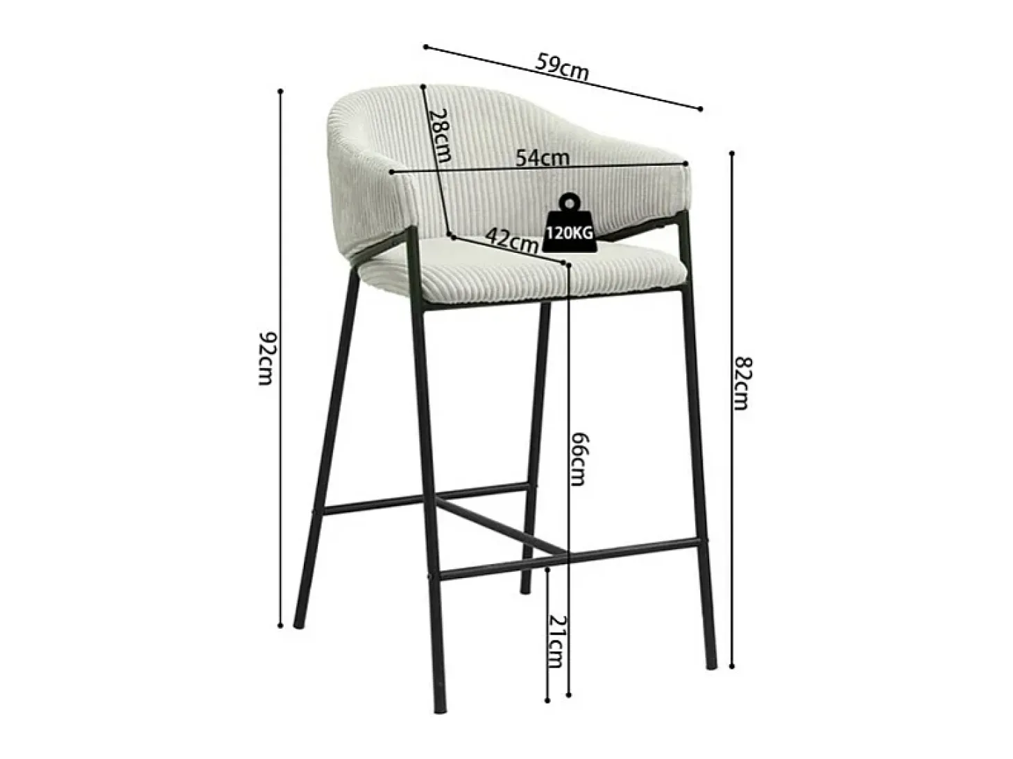 Cadeira de balcão IMANY – Veludo cotelê cinza claro – Com braços – Pés de metal preto – Estilo design/industrial
