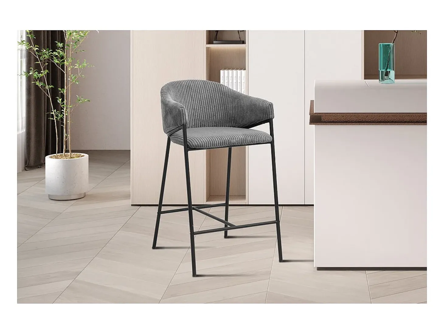 Cadeira de balcão IMANY – Veludo cotelê cinza escuro – Com braços – Pés em metal preto – Estilo design/industrial