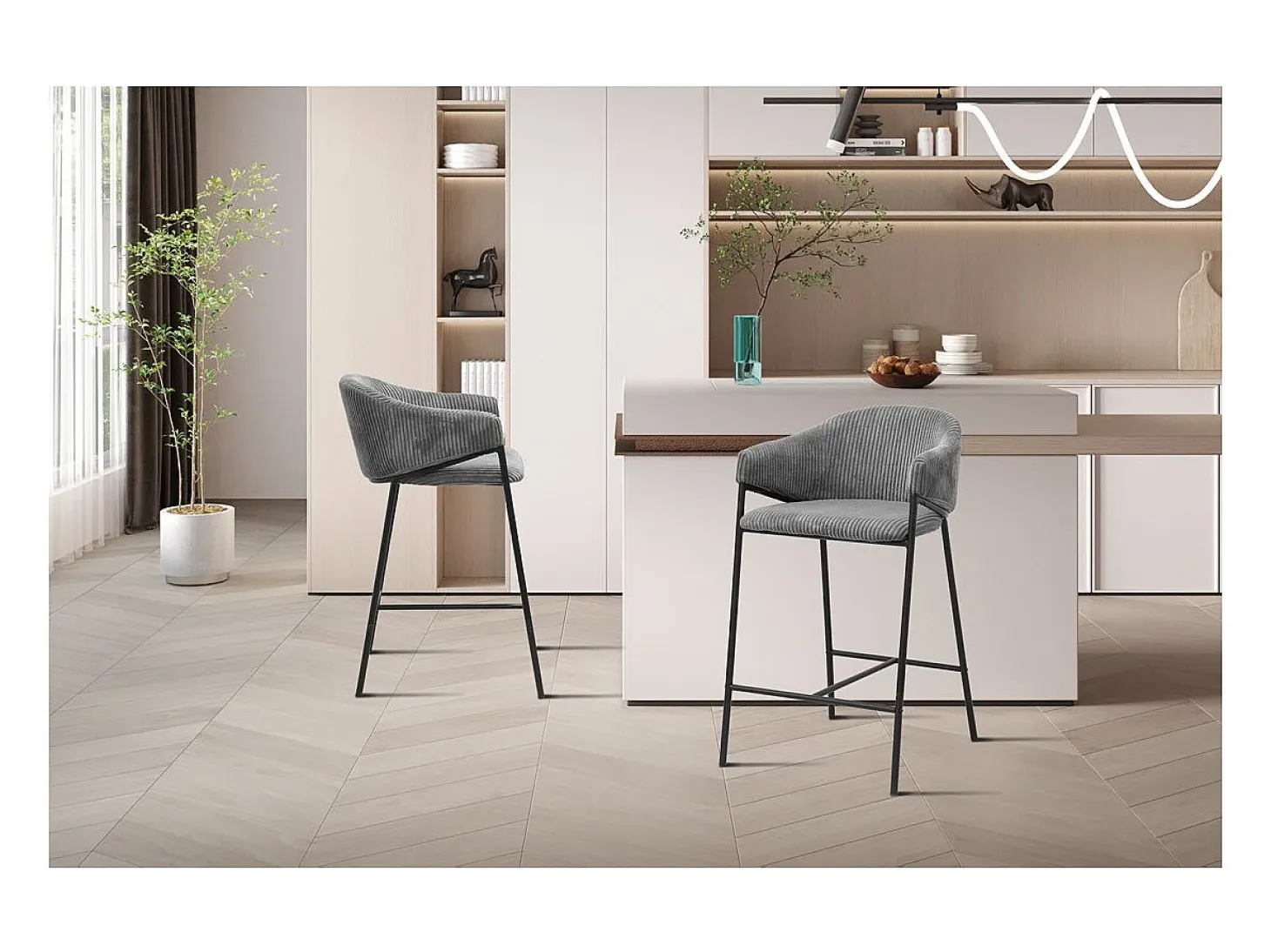 Cadeira de balcão IMANY – Veludo cotelê cinza escuro – Com braços – Pés em metal preto – Estilo design/industrial
