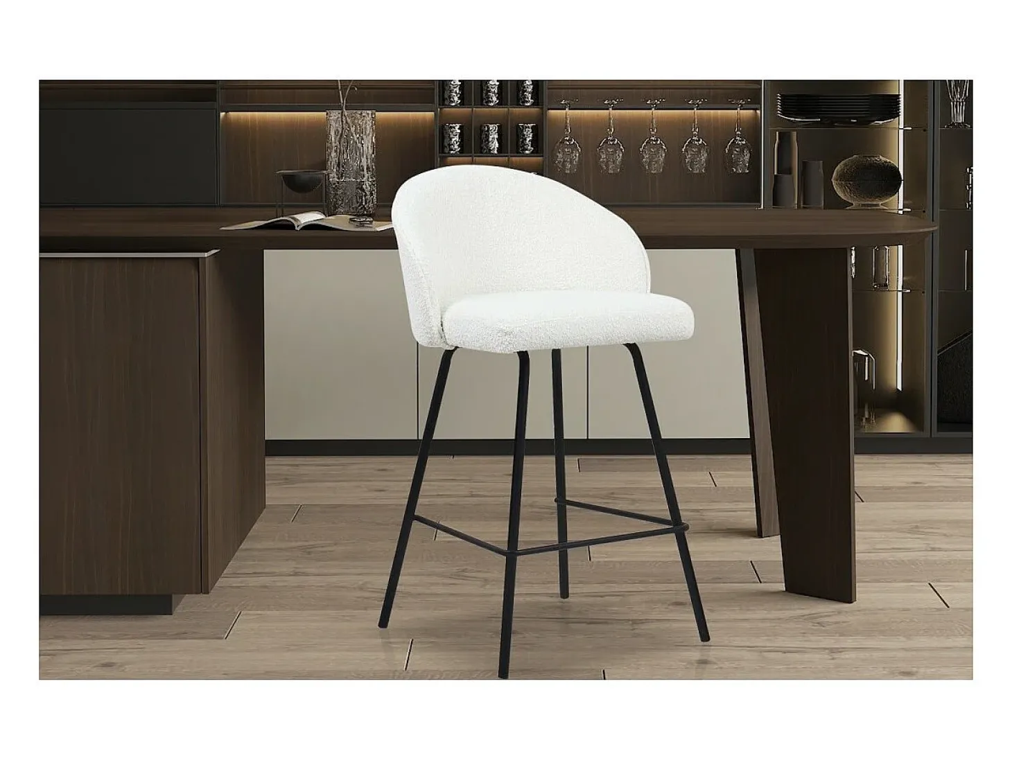 Cadeira de balcão 'Juni' Bouclé Branco, dimensões: A87 x L52 x P51 cm
