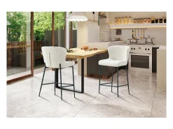 Cadeira de balcão LISE – Tecido bouclé na cor branco cru – Pés em metal preto – Estilo design/industrial