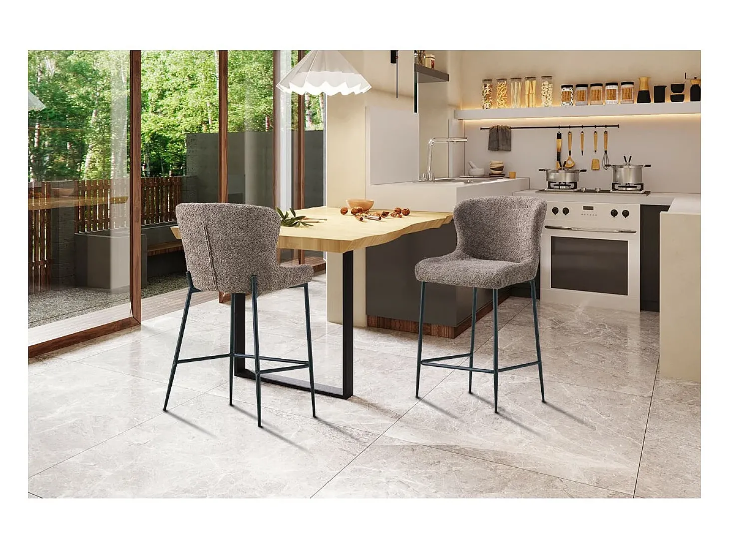 Cadeira de balcão LISE – Tecido bouclé na cor areia – Pés de metal preto – Estilo design/industrial