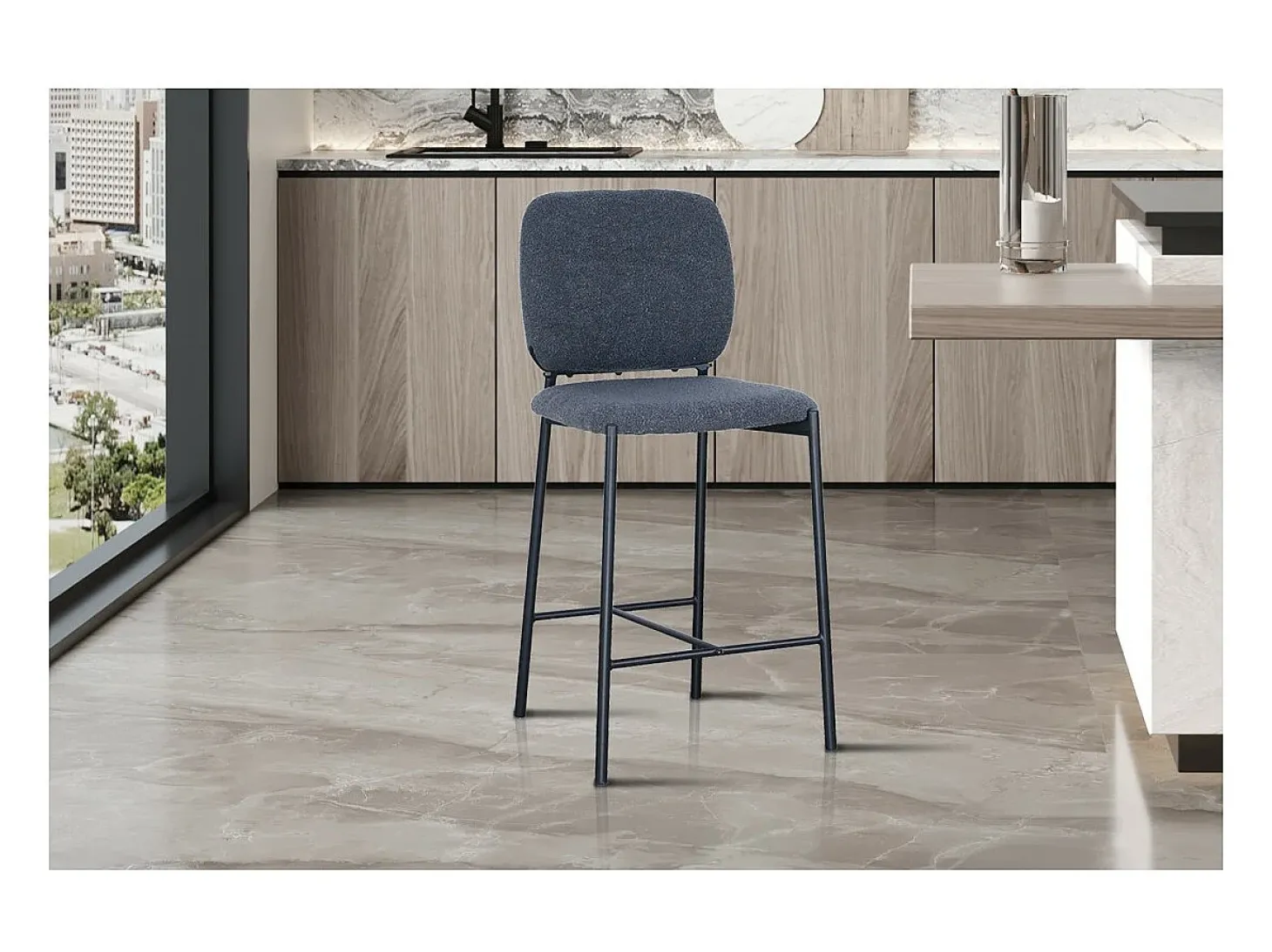 Cadeira de balcão RITA – Tecido cinza escuro – Pés em metal preto – Altura 99 cm – Estilo design/industrial