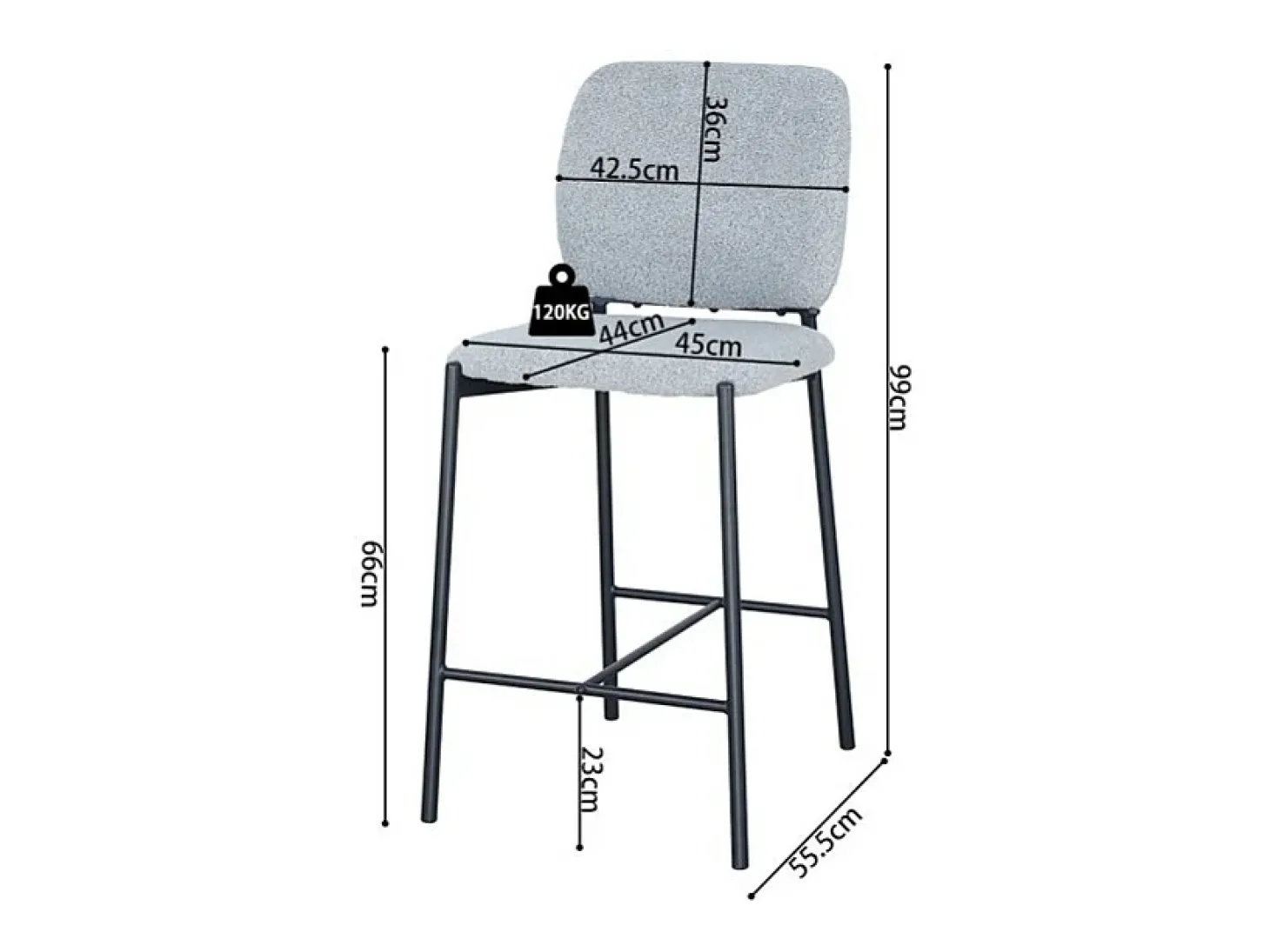 Cadeira de balcão RITA – Tecido cinza claro – Pés de metal preto – Altura 99 cm – Estilo design/industrial