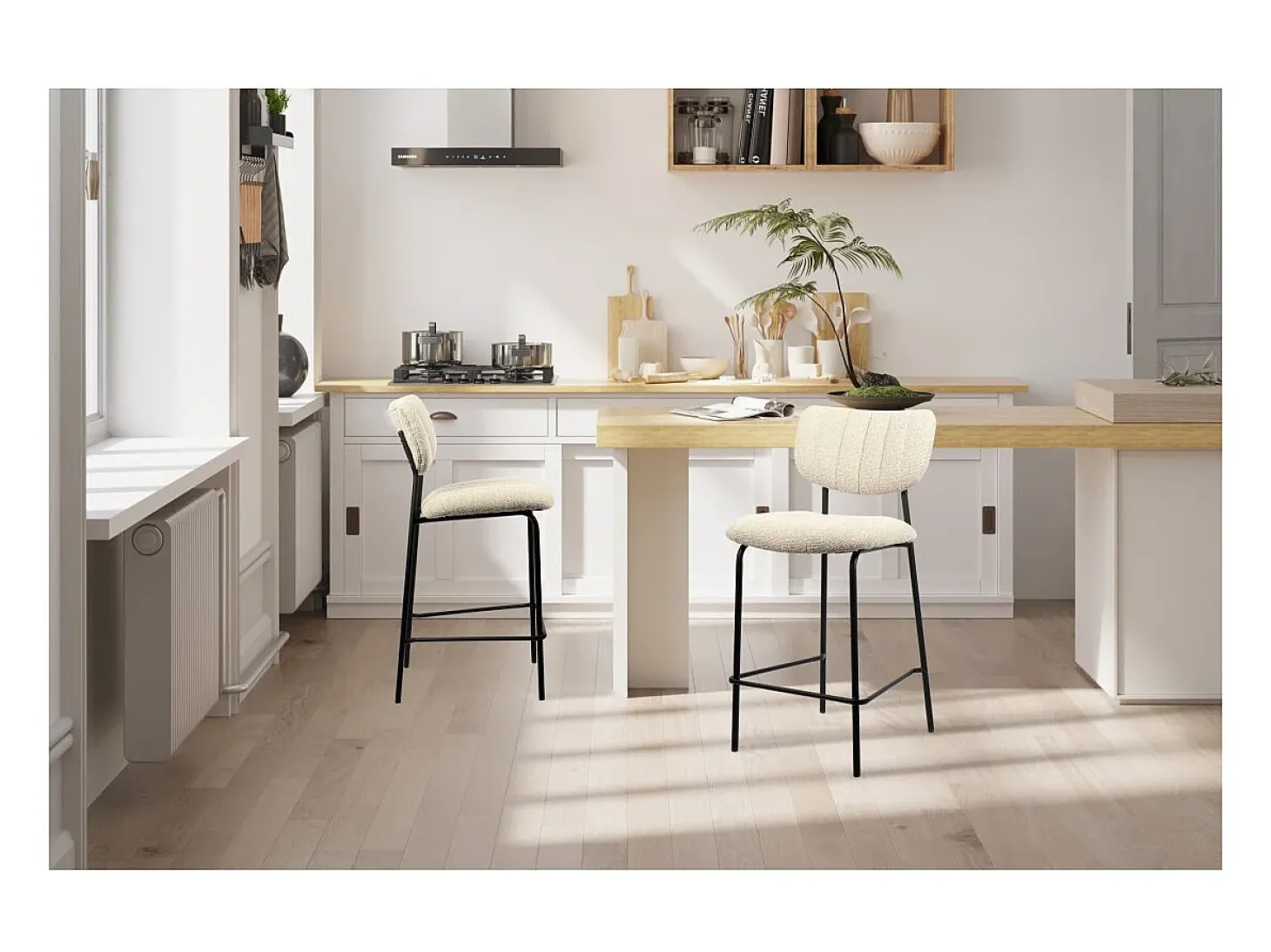Cadeira de balcão VENTURA – Tecido bege – Pés de metal preto – Altura 97 cm – Estilo design/industrial