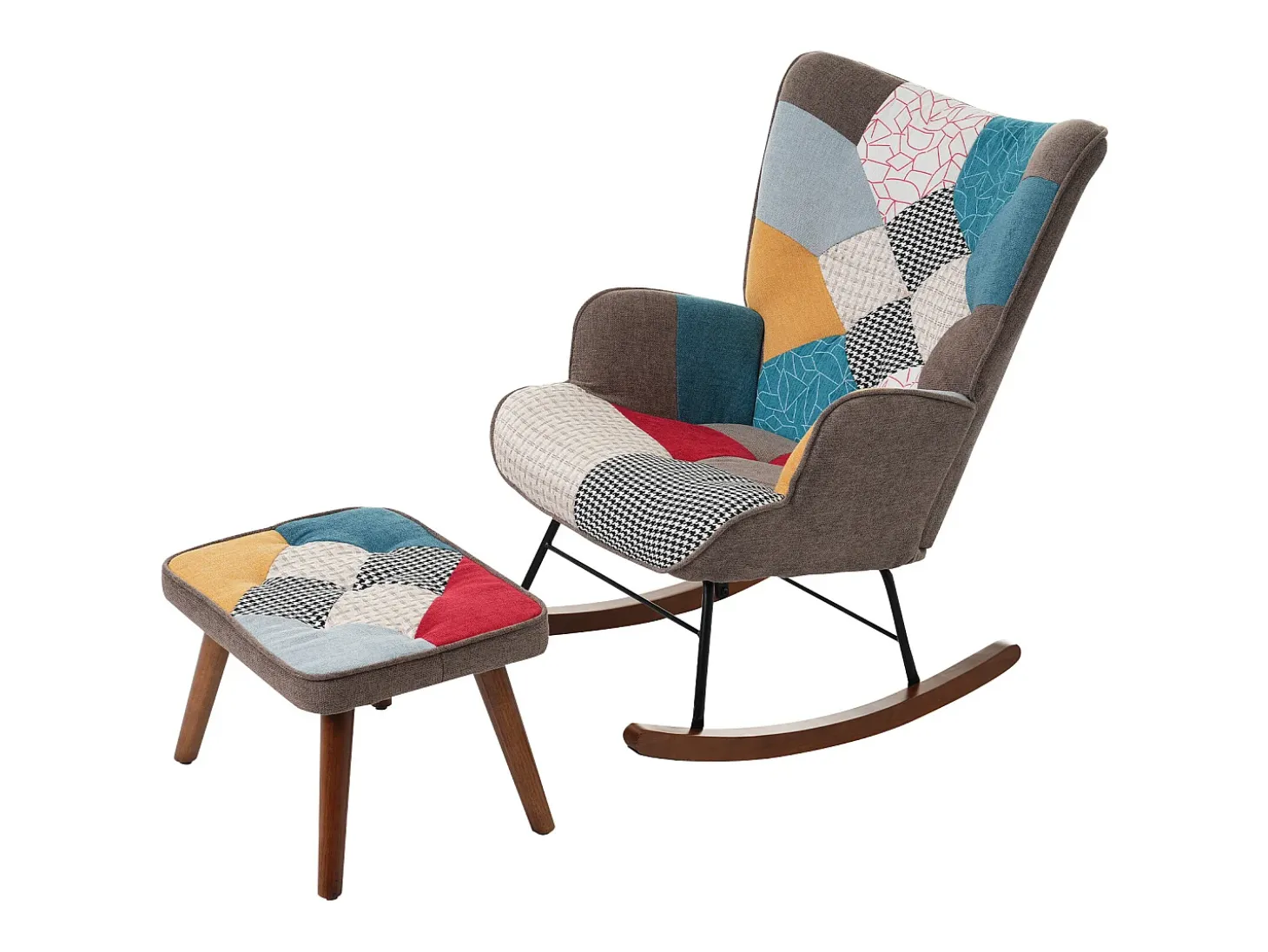 Cadeira de baloiço com patchwork multicolorido e apoio para os pés 69,5 x 50 x 88,5 cm