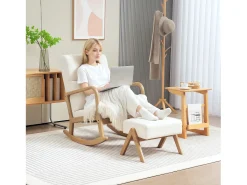 Cadeira de baloiço creme branco com apoio para os pés, estrutura em madeira 96x65x94,5cm