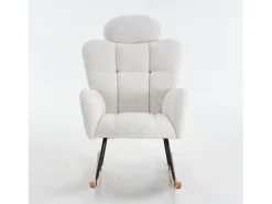 Cadeira de baloiço em tecido Teddy branco com apoio de cabeça, estrutura em metal preto 102x70x107cm