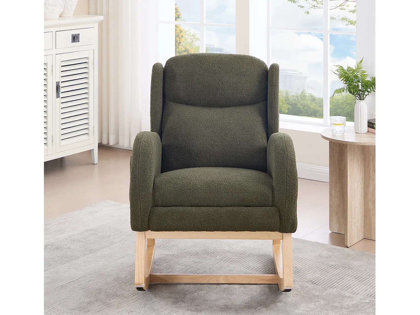 Cadeira de baloiço verde com bolsos laterais, apoio para os pés ajustável, estrutura em madeira 122,5x70x104cm