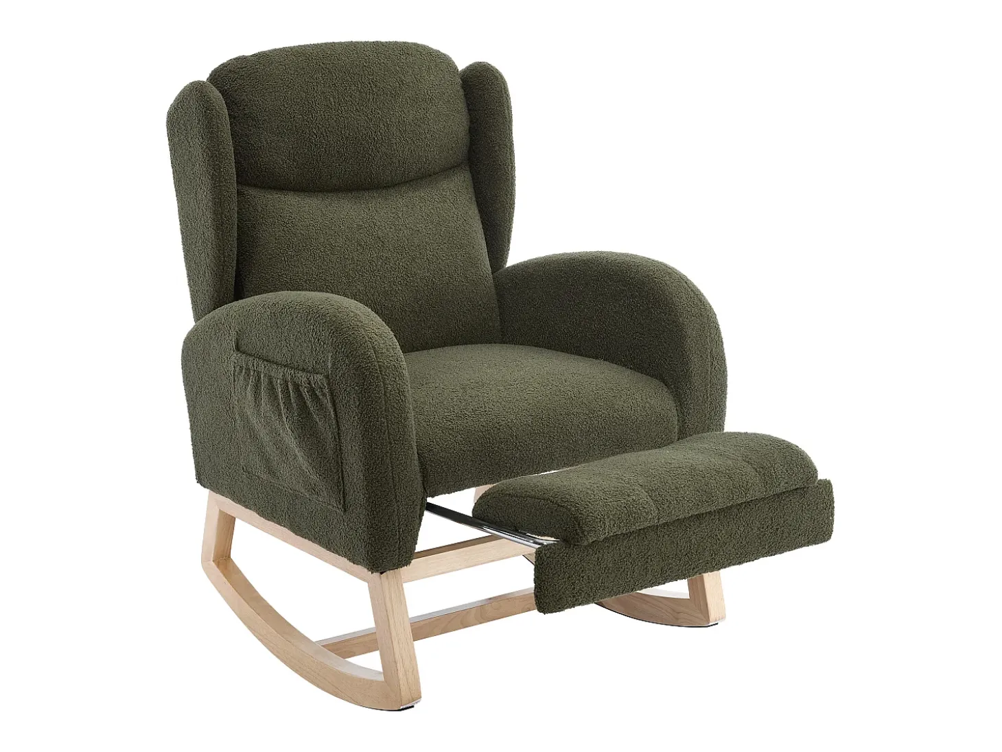 Cadeira de baloiço verde com bolsos laterais, apoio para os pés ajustável, estrutura em madeira 122,5x70x104cm