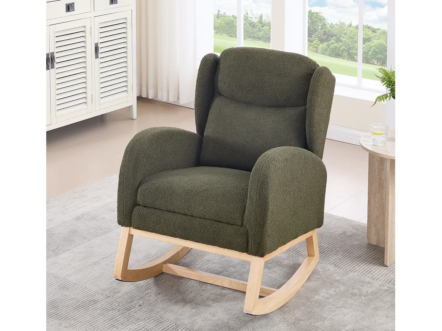 Cadeira de baloiço verde com bolsos laterais, apoio para os pés ajustável, estrutura em madeira 122,5x70x104cm