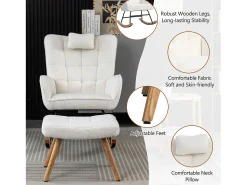 Cadeira de baloiço、Cadeira de baloiço em tecido turco francês - com almofada e apoio para os pés - Branco