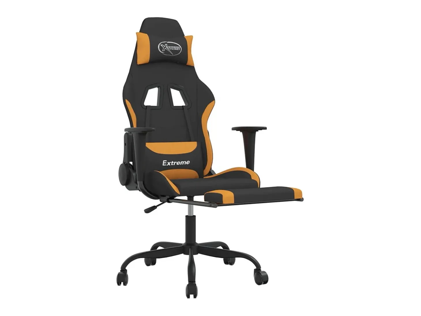 Cadeira de gaming com apoio de pés tecido preto e laranja