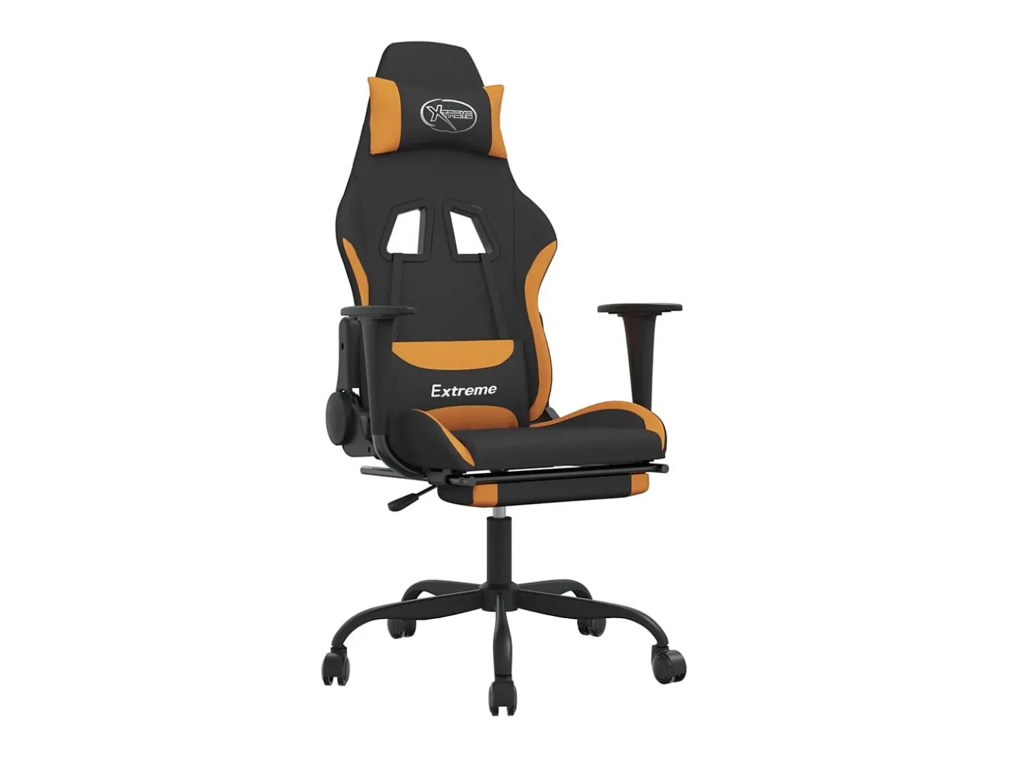 Cadeira de gaming com apoio de pés tecido preto e laranja