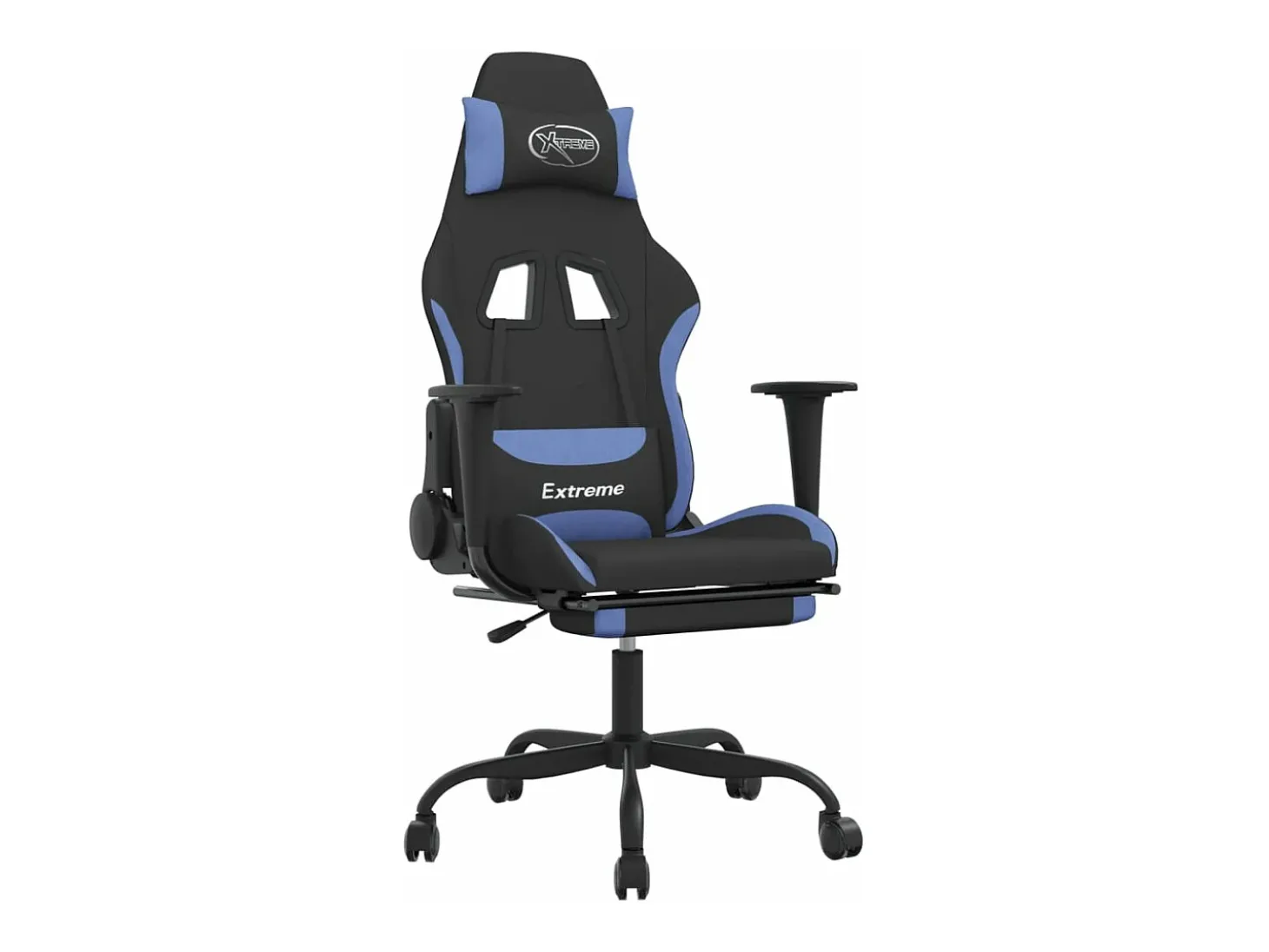 Cadeira de gaming com apoio de pés tecido preto e azul