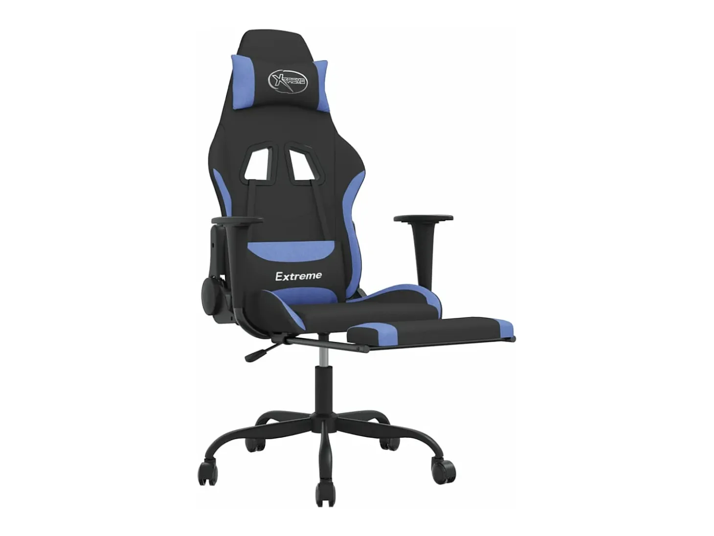 Cadeira de gaming com apoio de pés tecido preto e azul