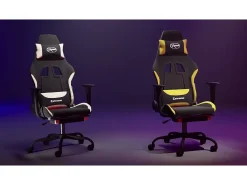 Cadeira de gaming com apoio de pés tecido preto e creme