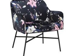 Cadeira decorativa estofada em veludo floral azul.