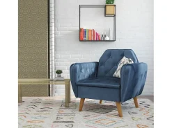 Cadeira decorativa estofada em veludo azul.
