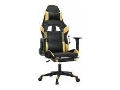 Cadeira gaming c/ apoio pés couro artificial preto e dourado
