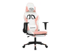 Cadeira gaming com apoio p/ pés couro artificial branco e rosa