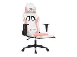 Cadeira gaming com apoio p/ pés couro artificial branco e rosa