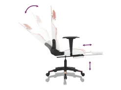 Cadeira gaming massagens c/ apoio pés couro artif. branco/rosa