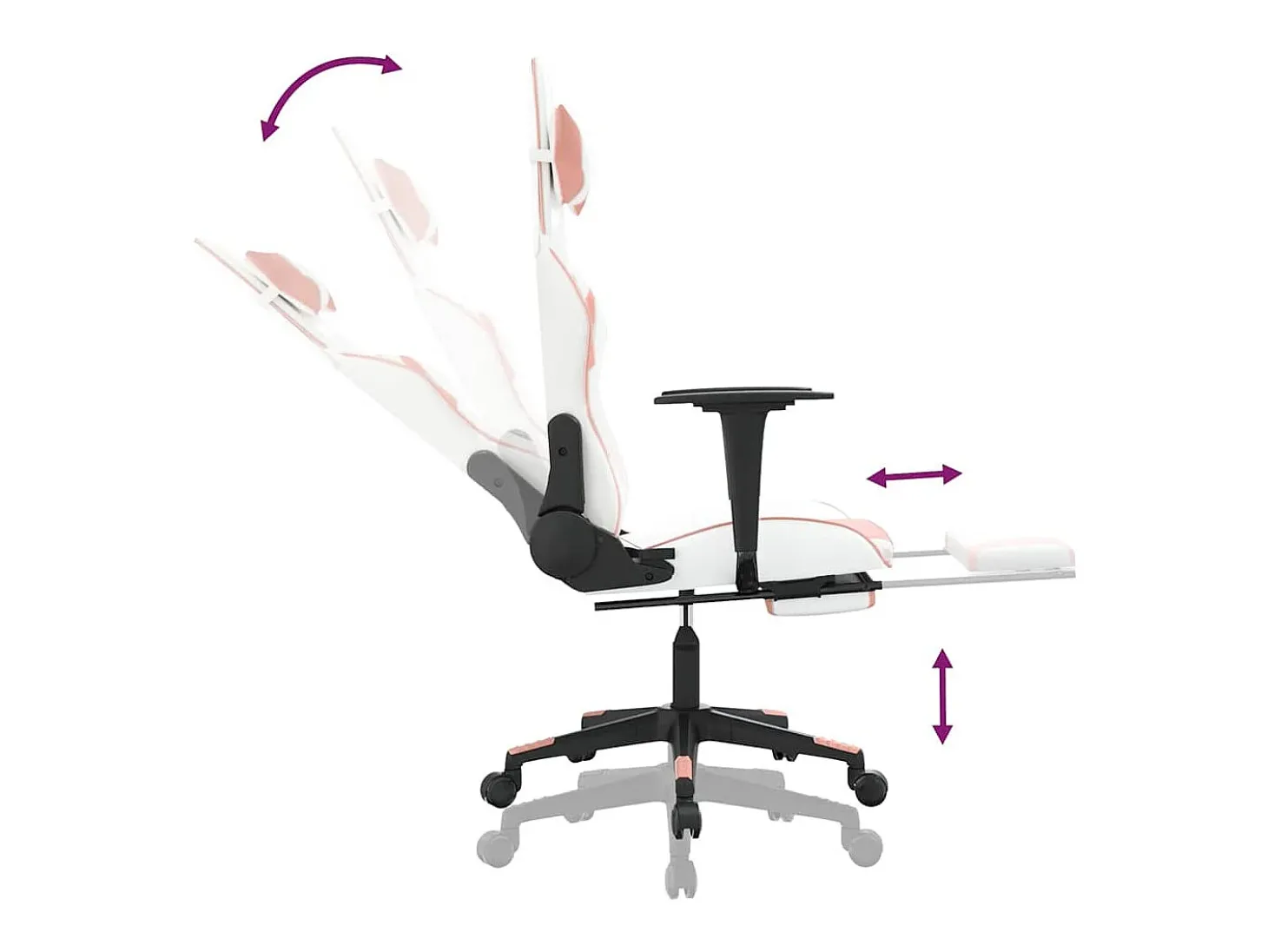 Cadeira gaming massagens c/ apoio pés couro artif. branco/rosa