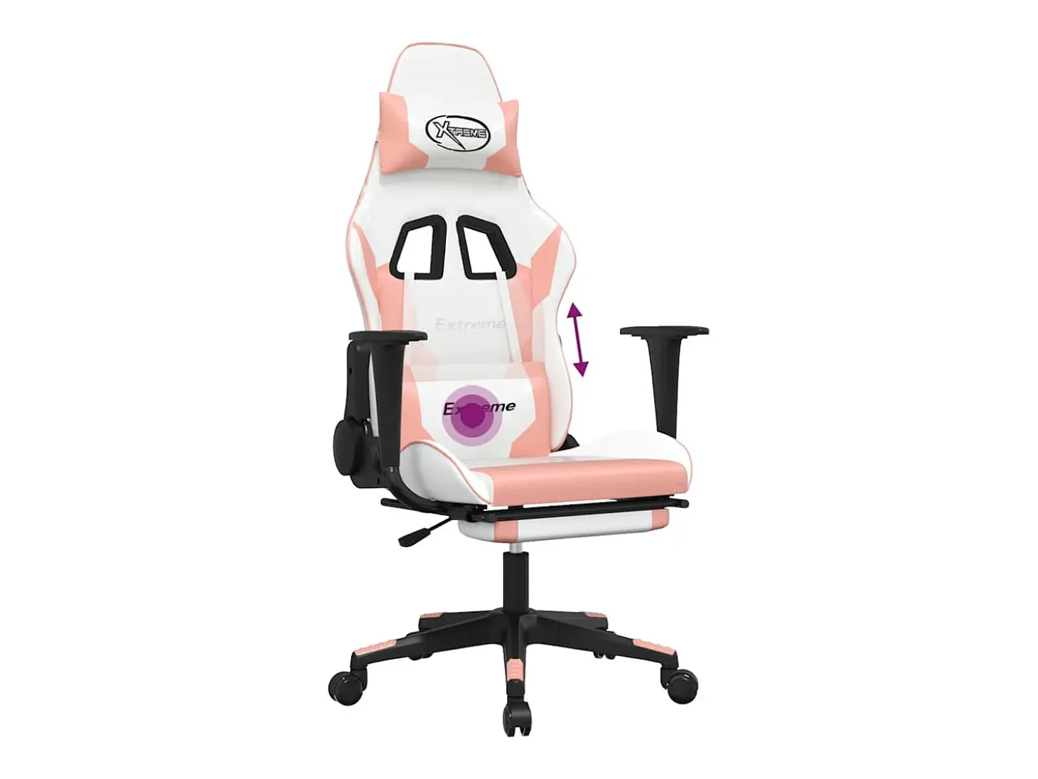 Cadeira gaming massagens c/ apoio pés couro artif. branco/rosa