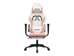 Cadeira gaming massagens c/ apoio pés couro artif. branco/rosa