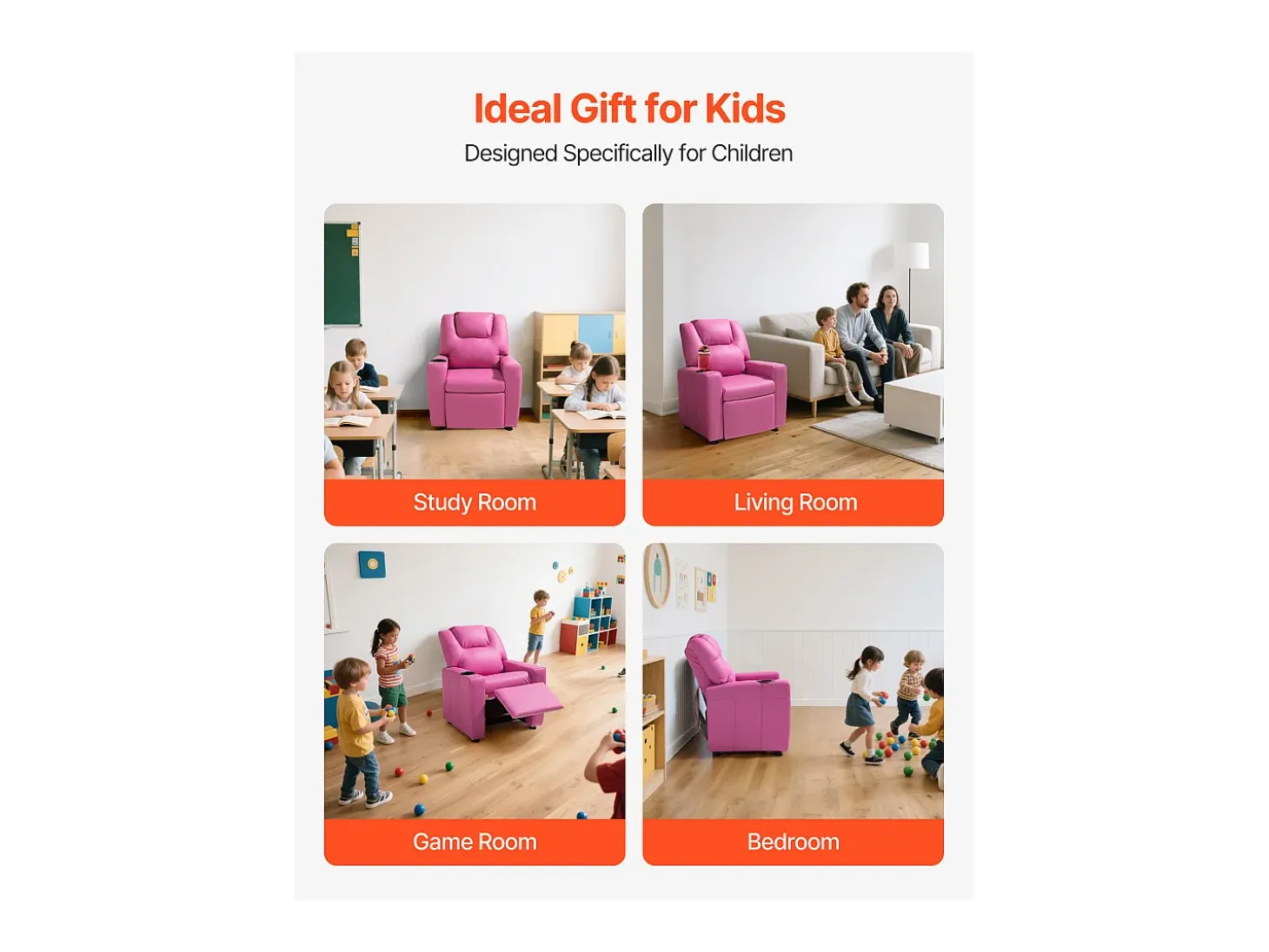 Cadeira Reclinável SucceBuy para Crianças, Cadeira Relaxante Ergonómica, com Porta-Copos e Bolsos, Encosto Ajustável de 101° a 121°, para Quartos Infantis, Rosa