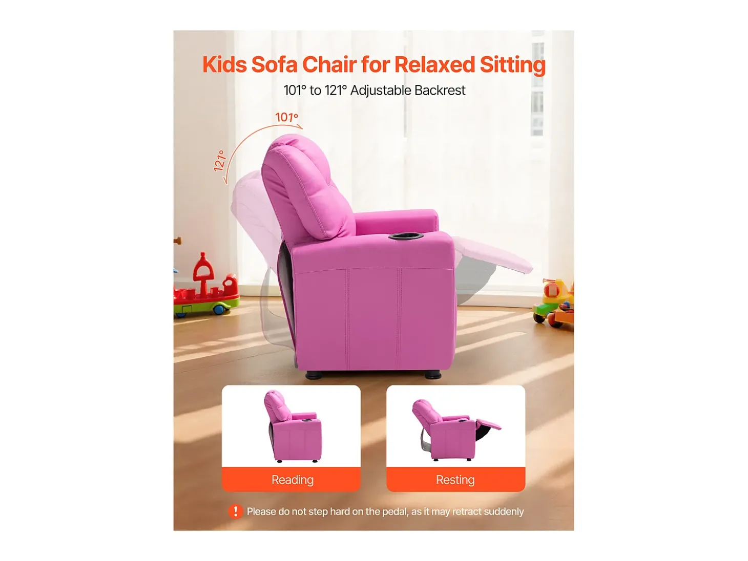 Cadeira Reclinável SucceBuy para Crianças, Cadeira Relaxante Ergonómica, com Porta-Copos e Bolsos, Encosto Ajustável de 101° a 121°, para Quartos Infantis, Rosa