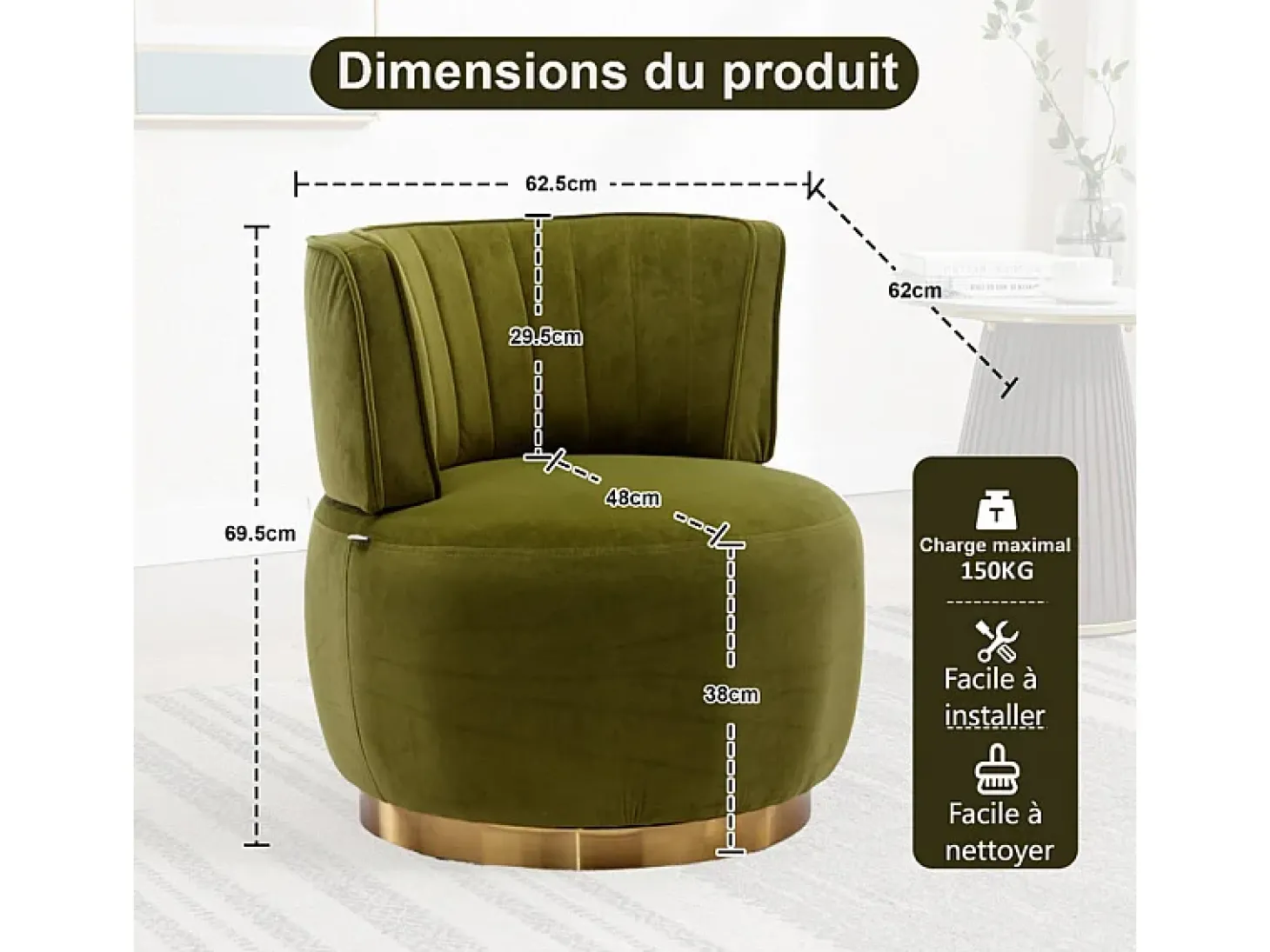 Cadeira Redonda Blataforma em Tecido de Loop Green Green - Backrest ergonômico - MAX 150KG - 62,5X62X69.5CM