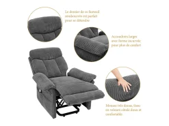 Cadeira relax de veludo cotelê com elevador elétrico, controle remoto, bolso lateral, regulável 90°-160°, Carga máxima de 150 kg, Cinza