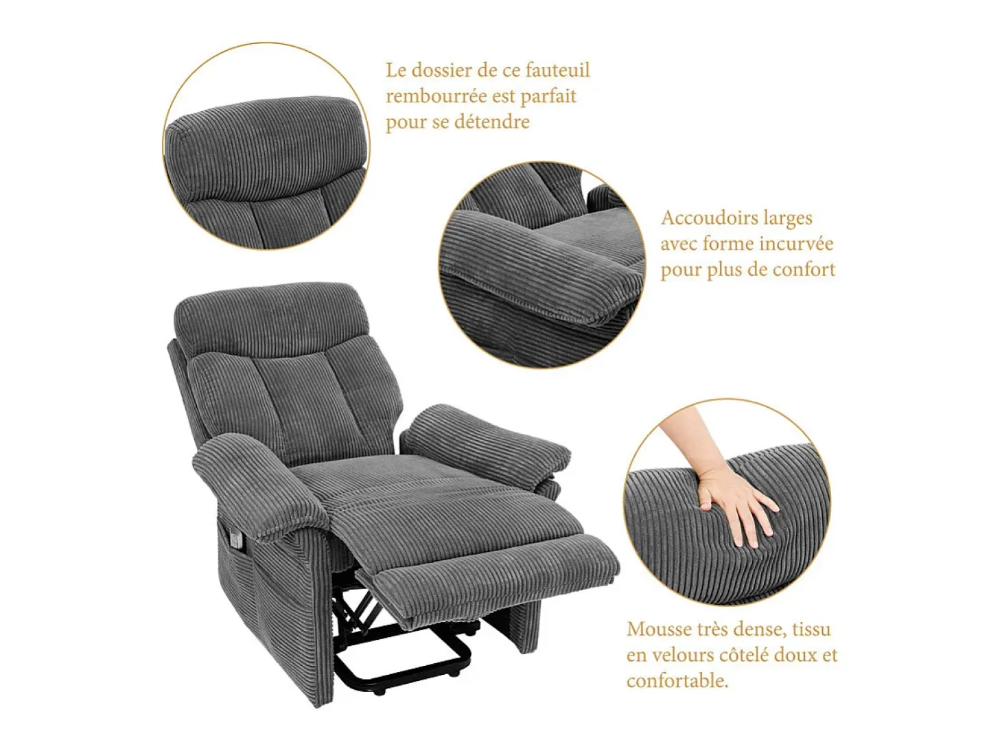 Cadeira relax de veludo cotelê com elevador elétrico, controle remoto, bolso lateral, regulável 90°-160°, Carga máxima de 150 kg, Cinza