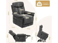 Cadeira relax de veludo cotelê com elevador elétrico, controle remoto, bolso lateral, regulável 90°-160°, Carga máxima de 150 kg, Cinza
