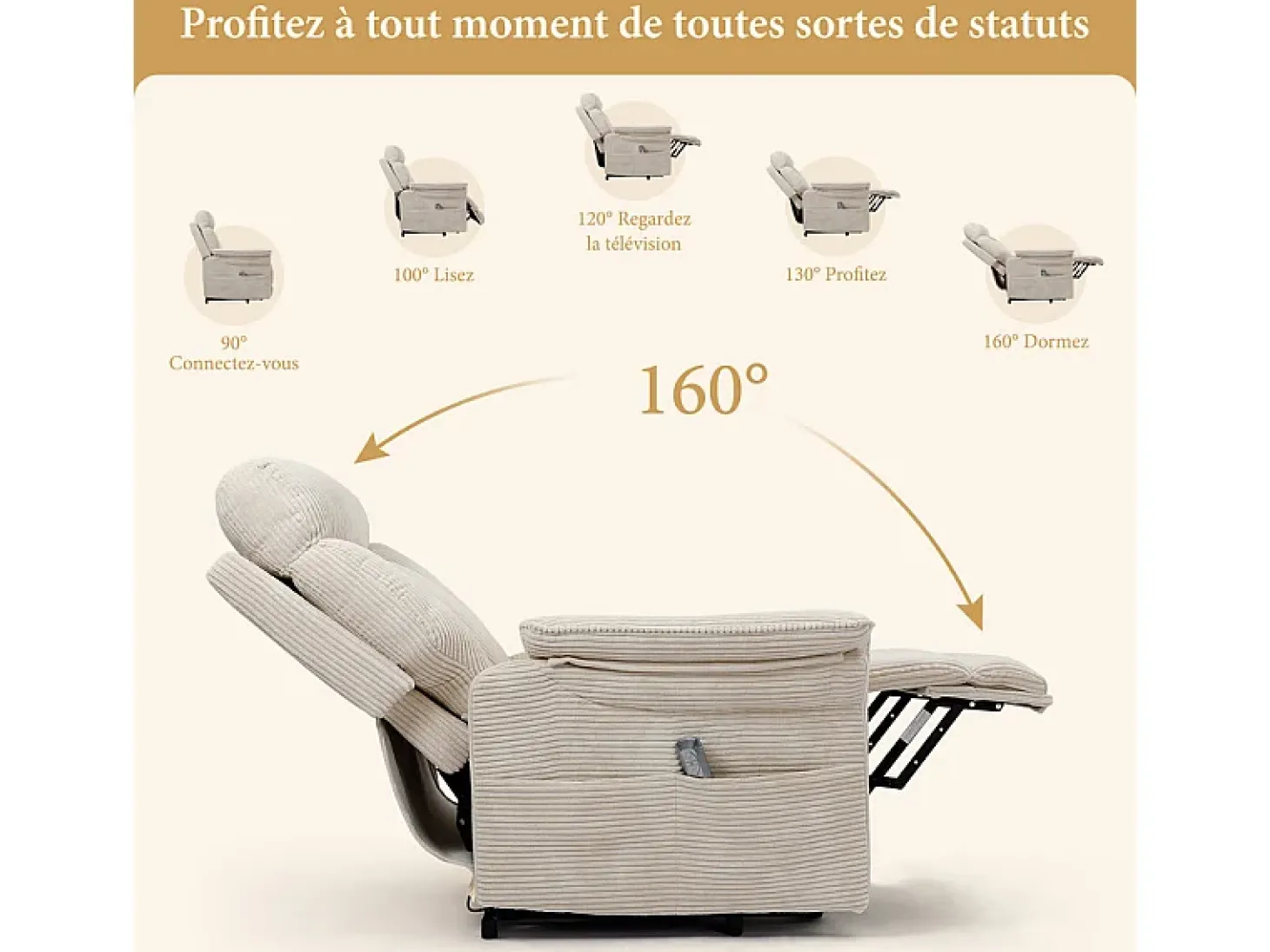 Cadeira relax de veludo cotelê com elevador elétrico, controle remoto, bolso lateral, regulável 90°-160°, Bege