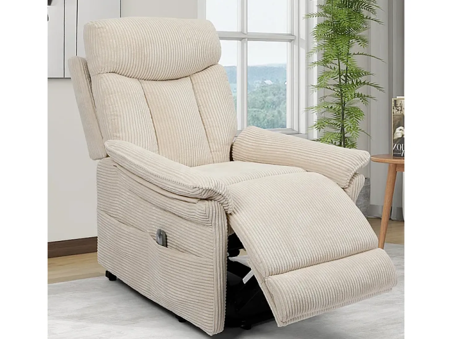 Cadeira relax de veludo cotelê com elevador elétrico, controle remoto, bolso lateral, regulável 90°-160°, Bege